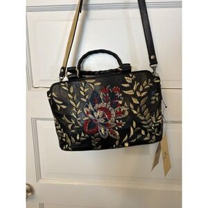 Patricia Nash Angelin Black Leather Floral Embroidered Satchel Crossbody Bag